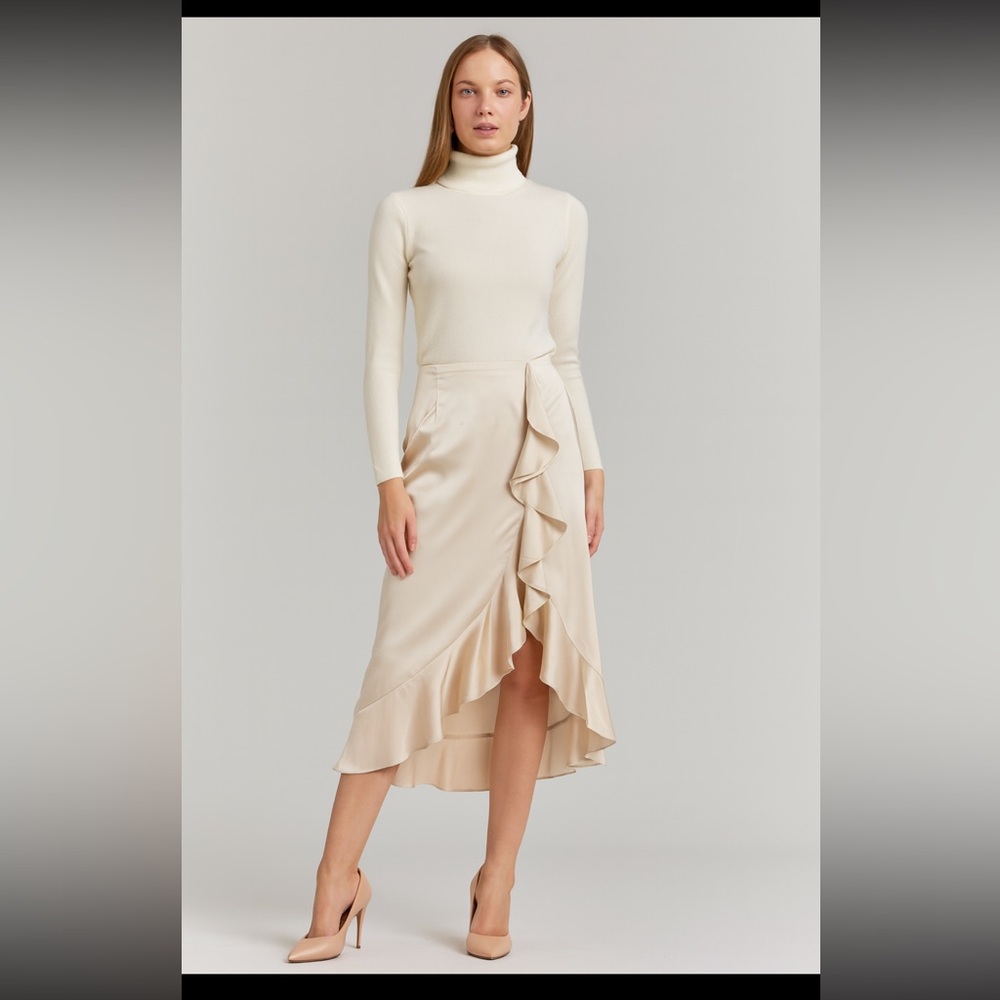 NEW Sugar+Lips Satin Ruffle Midi Skirt Champagne Holiday Feminine Front Slit XS